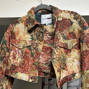 Fashion Nova Multicolor Floral Jean Jacket and mini skirt